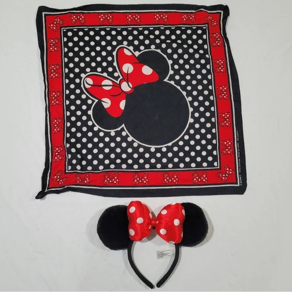 Disney Minnie Mouse Red Black Bandana Scarf and Headband Bundle